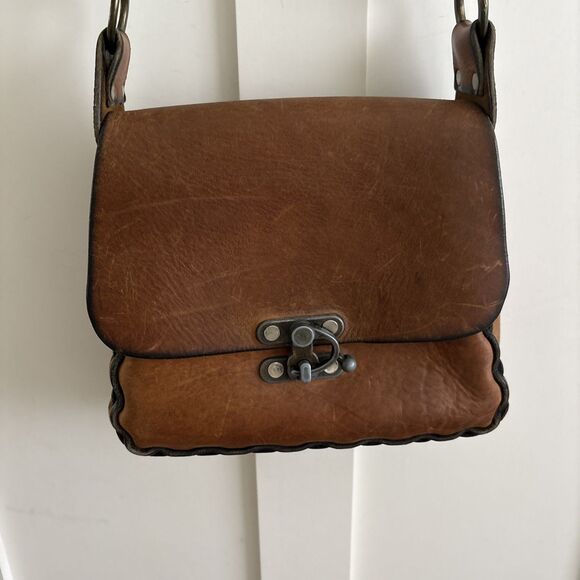 VTG Boho Thick Leather Latch Handmade Saddle Bag 70s Crossbody Purse - Picture 4 of 16